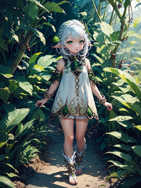 02143-461076243-detailed illustration, kusanali,kid, white hair,white dress, green eyes,hair ornament, blush, full body, scenery, jungle _lora_n.jpg